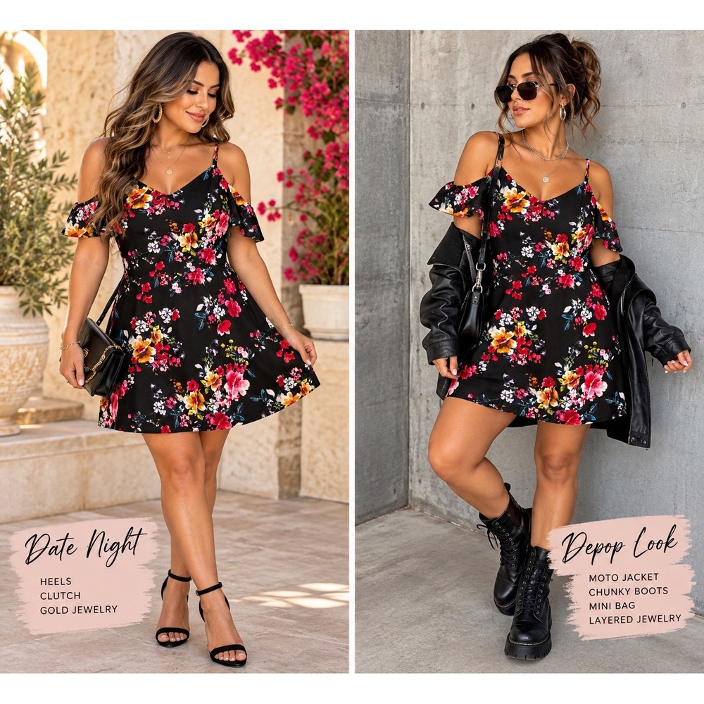Express Black Floral Cold Shoulder Mini Dress Size 8 Fit Flare Ruffle Sleeve